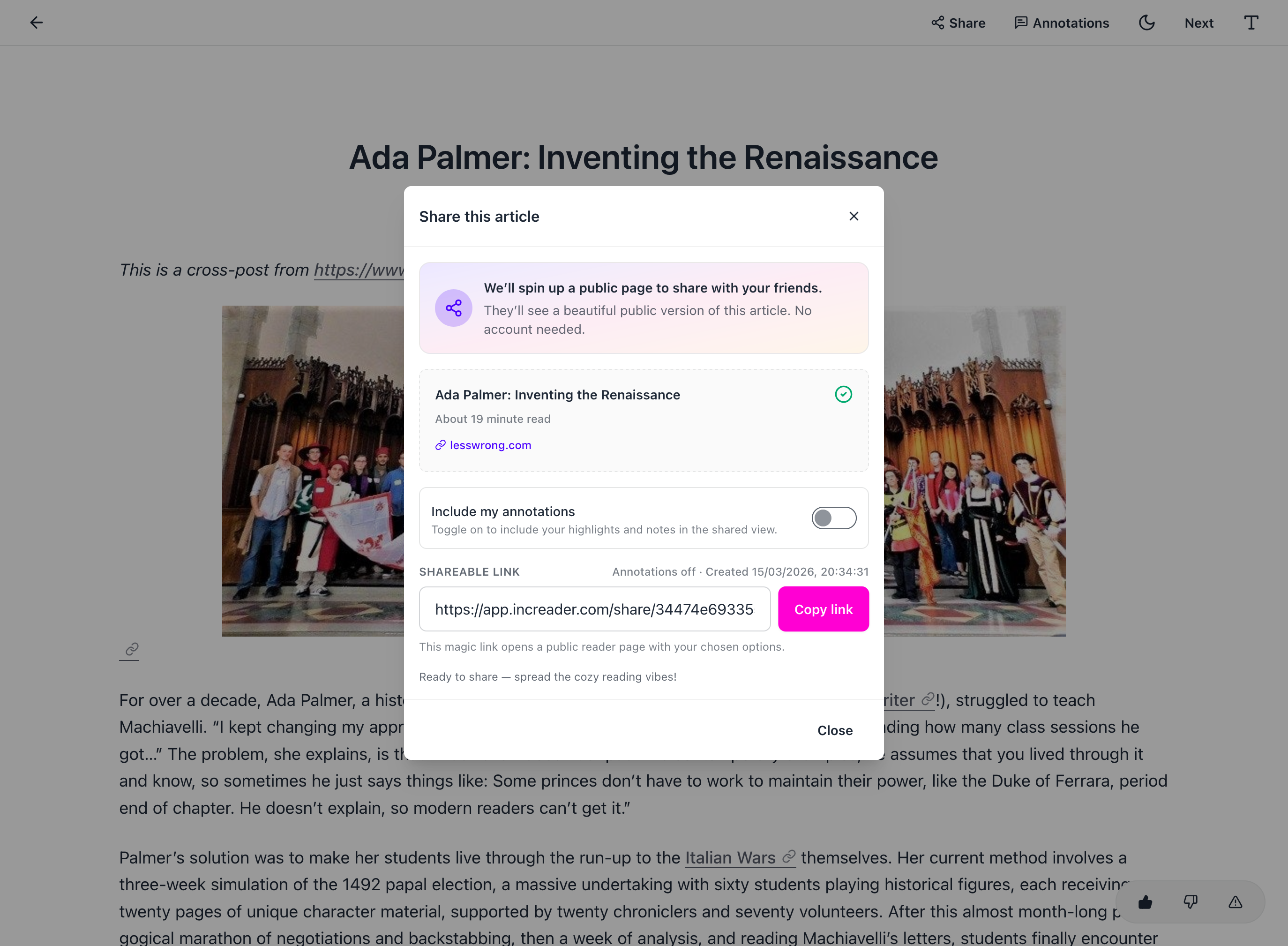 What you see when you share a bookmark.